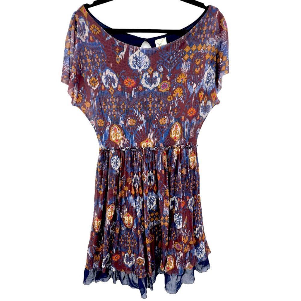 Anthropologie Weston Wear Simi Mesh Dress Nylon Geo Print Tulle Hem Size M